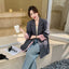Blazer de Color Block en Parchwork Gris de Moda