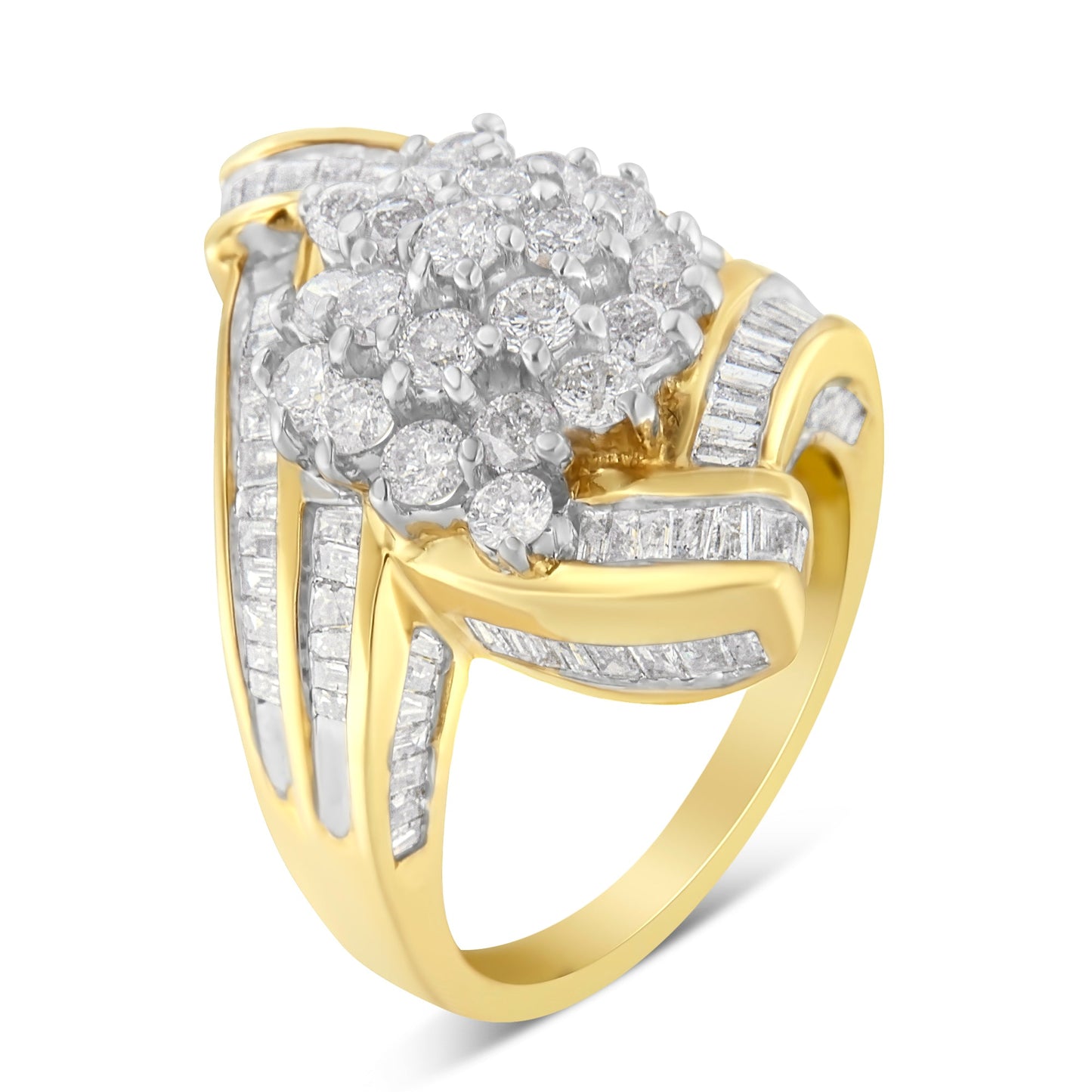Bague en diamant croisée en or jaune 10K avec diamants ronds et baguette - Taille 7-1/2