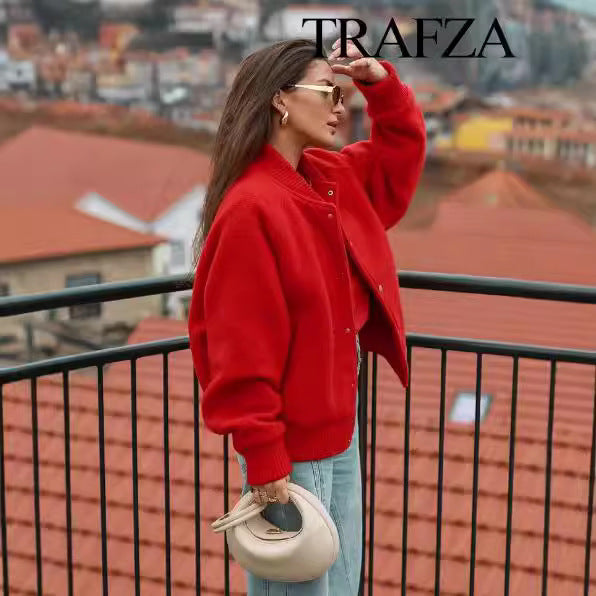 Abrigo de lana de color sólido con cuello redondo para mujer