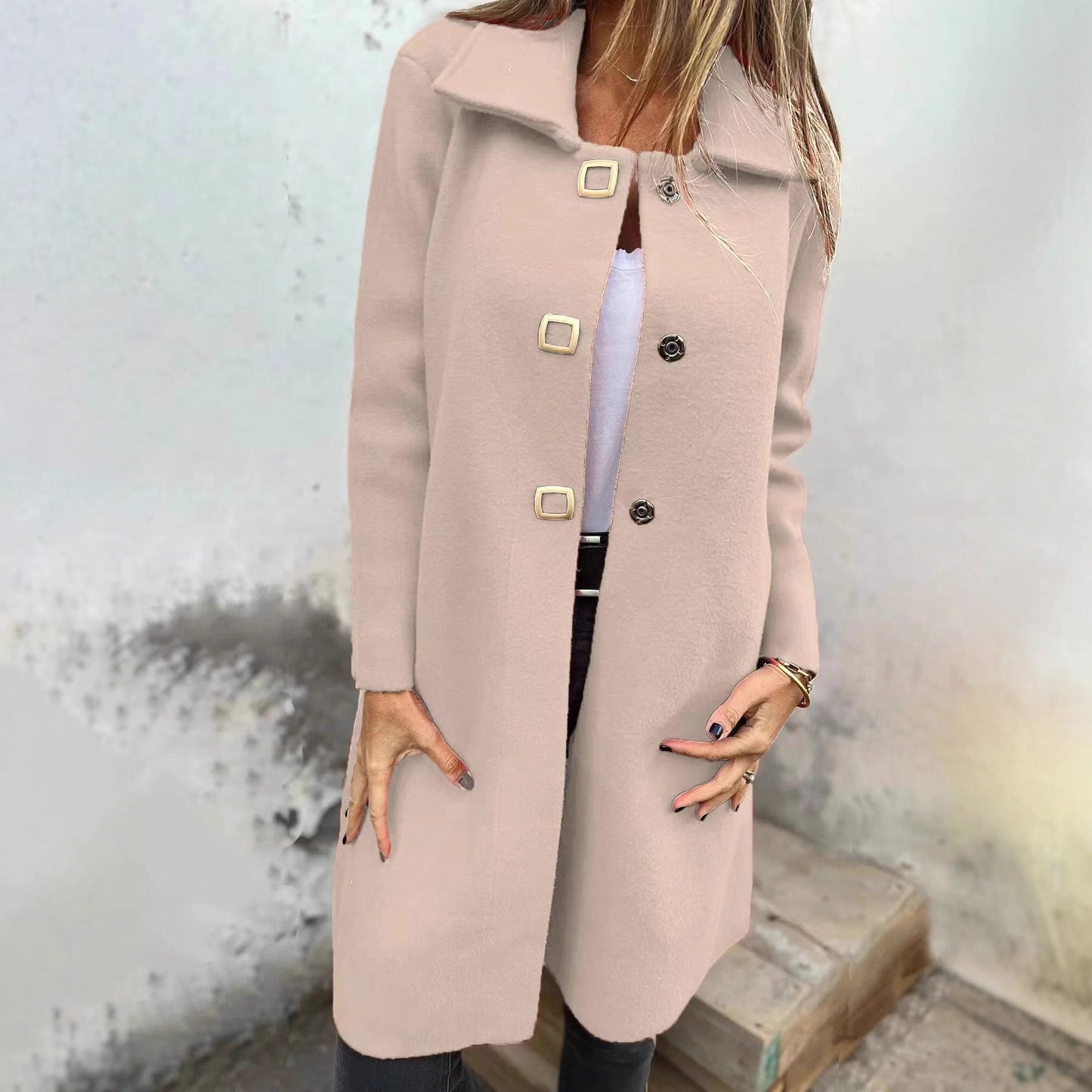 Abrigo de lana elegante para mujer de longitud media con diseño de botonadura simple