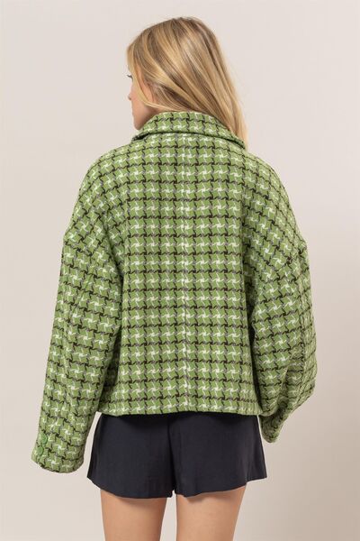 Elegante Chaqueta de Botones de Cuadros de Tweed Verde
