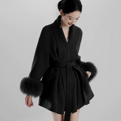 Women's Elegant Black Fox Fur Double-faced Cashmere Short Coat