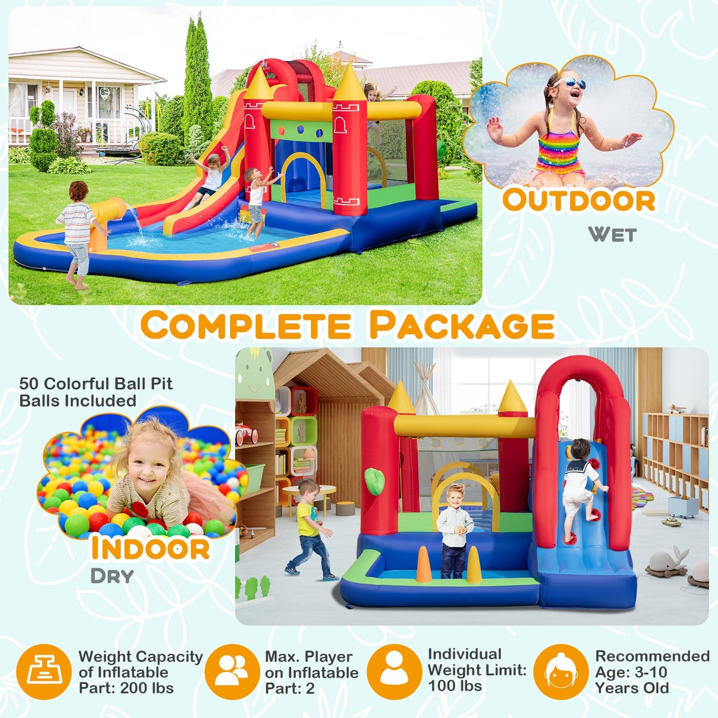 9-in-1 Inflatable Bounce Castle with Water Slide & Splash Pool