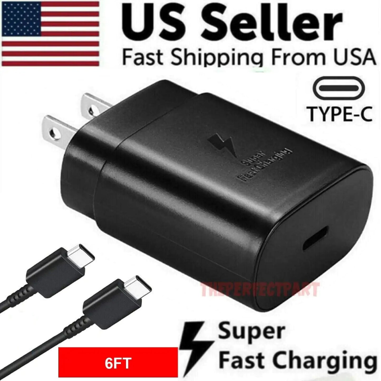 Cargador de pared Super Rápido Type-C de 25W con cable de 6FT para Samsung Galaxy