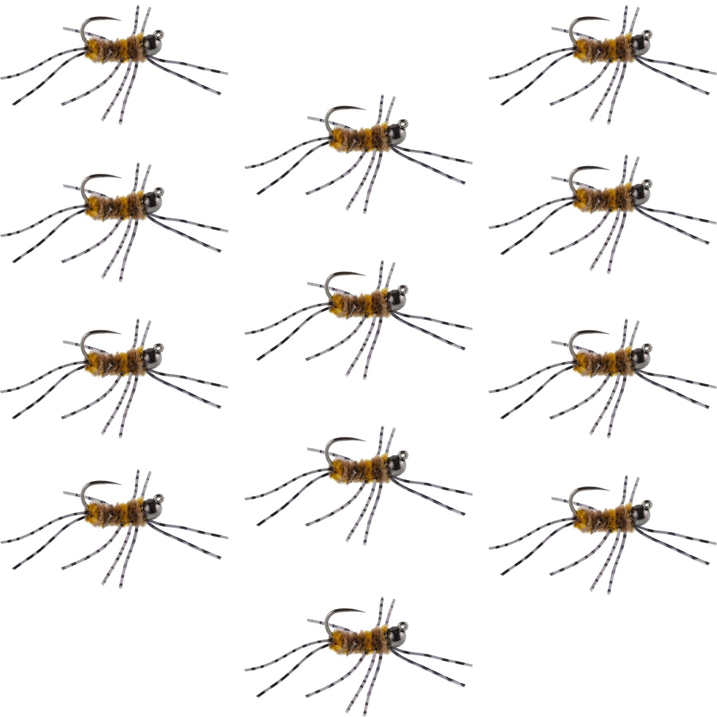 Premium Tungsten Bead Barbless Pat's Barred Rubber Legs Nymphs - Coffee/Tan - 12 Pack Size 6 - Korvel