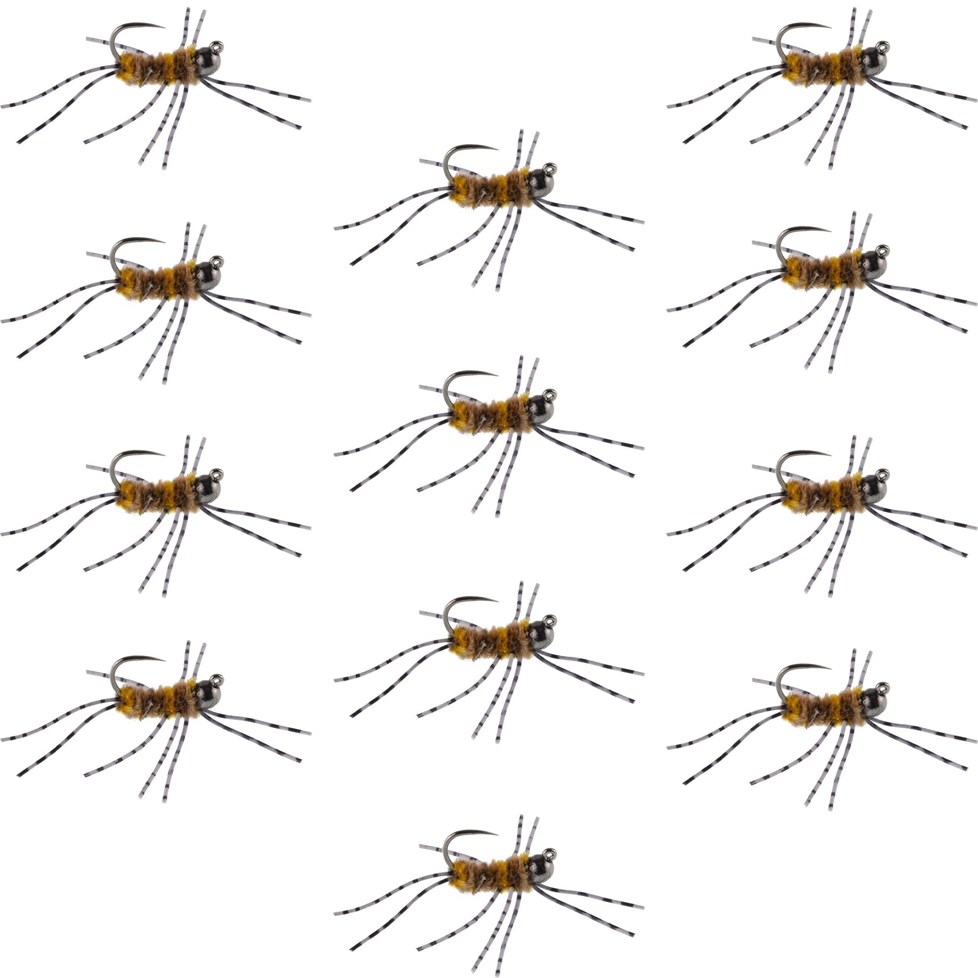 Premium Tungsten Bead Barbless Pat's Barred Rubber Legs Nymphs - Coffee/Tan - 12 Pack Size 6 - Korvel