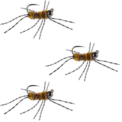 3 Pack Barbless Pat's Barred Rubber Legs Tungsten Bead Jigged Coffee/Tan Euro Nymph  - Hook Size 6 - Korvel