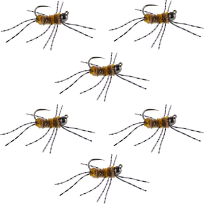 Barbless Pat's Barred Rubber Legs Tungsten Bead Jigged Coffee/Tan Euro Nymph  - Set of 6 Flies Hook Size 6