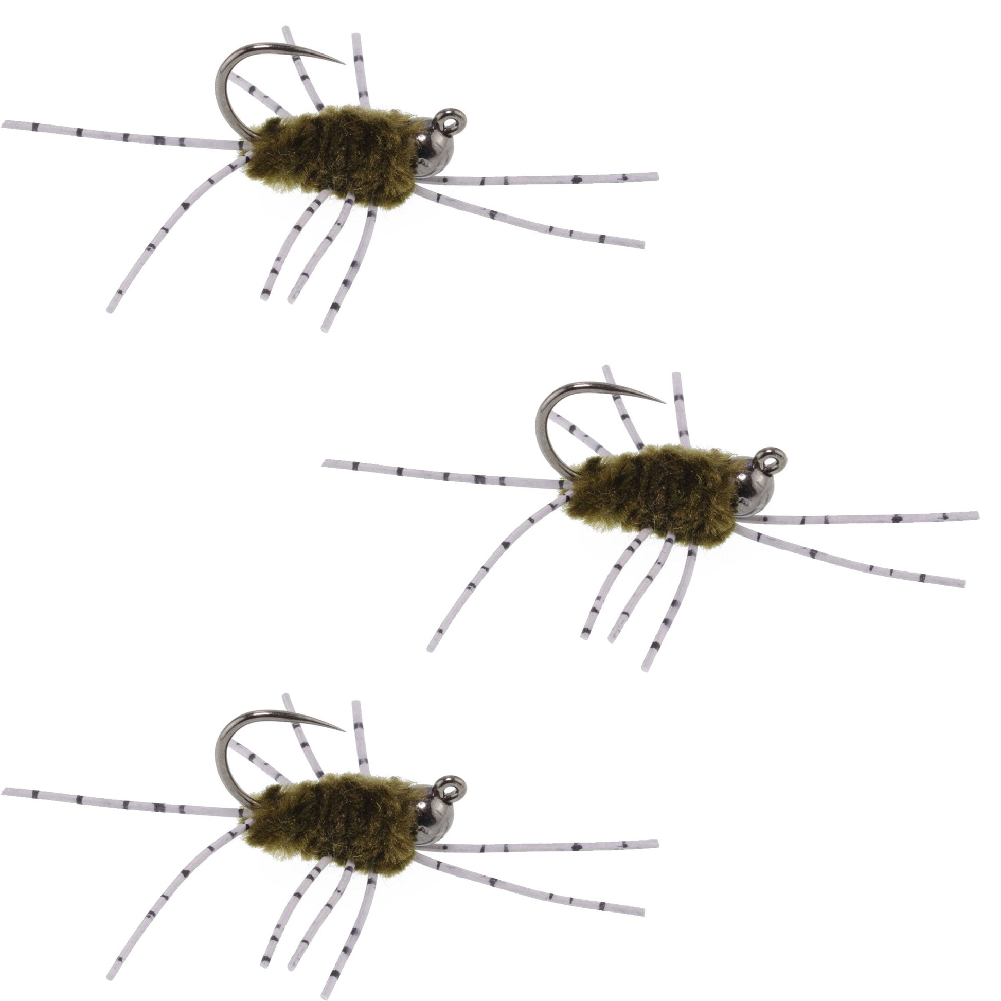 3 Pack Barbless Pat's Barred Rubber Legs Tungsten Bead Jigged Dark Olive Euro Nymph  -  Hook Size 6 - Korvel