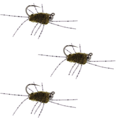 3 Pack Barbless Pat's Barred Rubber Legs Tungsten Bead Jigged Dark Olive Euro Nymph  -  Hook Size 6 - Korvel