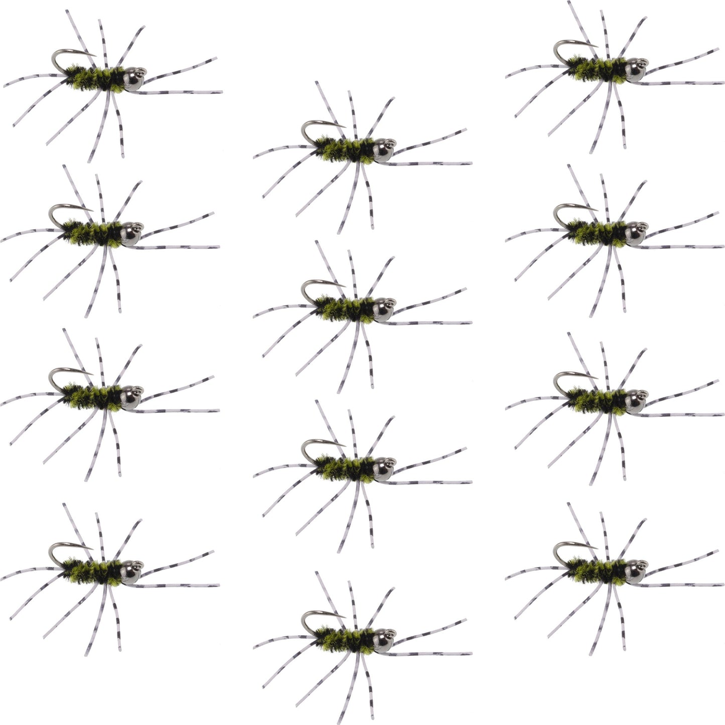Barbless Pat's Barred Rubber Legs Tungsten Bead Jigged Black/Olive Euro Nymph  - Set of 12 Flies Hook Size 6 - Korvel