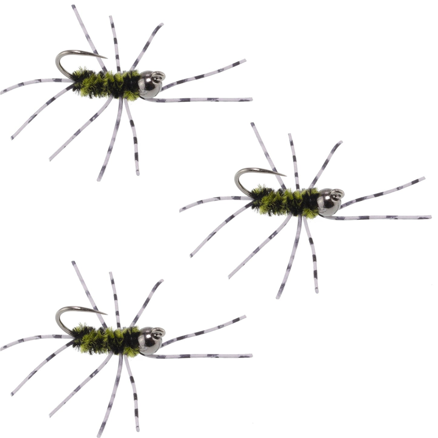 3 Pack Barbless Pat's Barred Rubber Legs Tungsten Bead Jigged Black/Olive Euro Nymph  - Hook Size 6 - Korvel