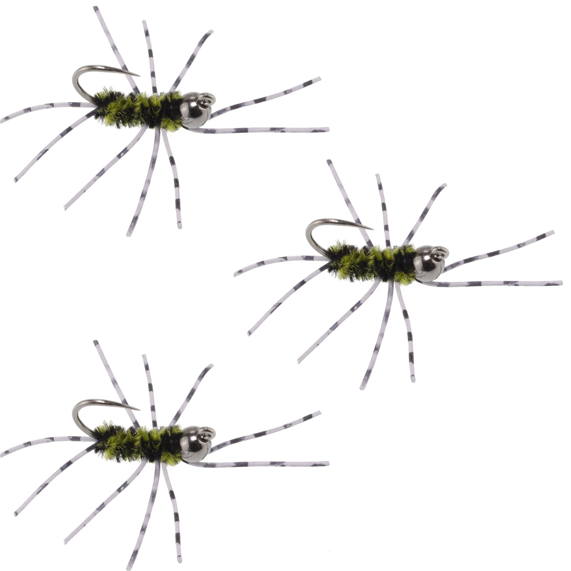 3 Pack Barbless Pat's Barred Rubber Legs Tungsten Bead Jigged Black/Olive Euro Nymph  - Hook Size 6 - Korvel