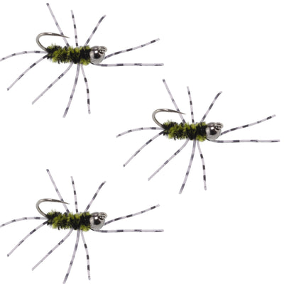 3 Pack Barbless Pat's Barred Rubber Legs Tungsten Bead Jigged Black/Olive Euro Nymph  - Hook Size 6 - Korvel
