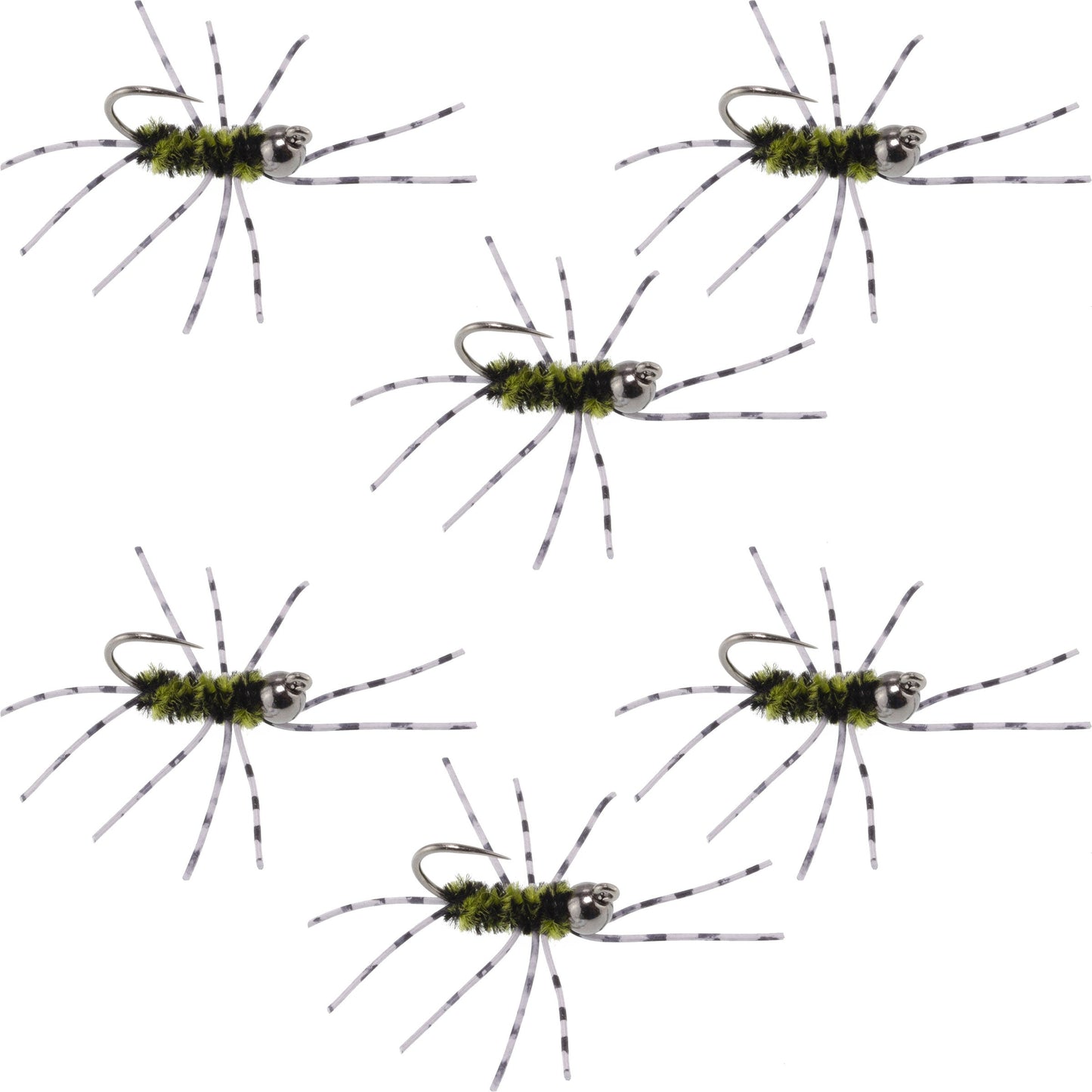 Premium Barbless Pat's Barred Rubber Legs Tungsten Bead Jigged Nymphs - Black/Olive - Set of 6 Size 6 Flies - Korvel