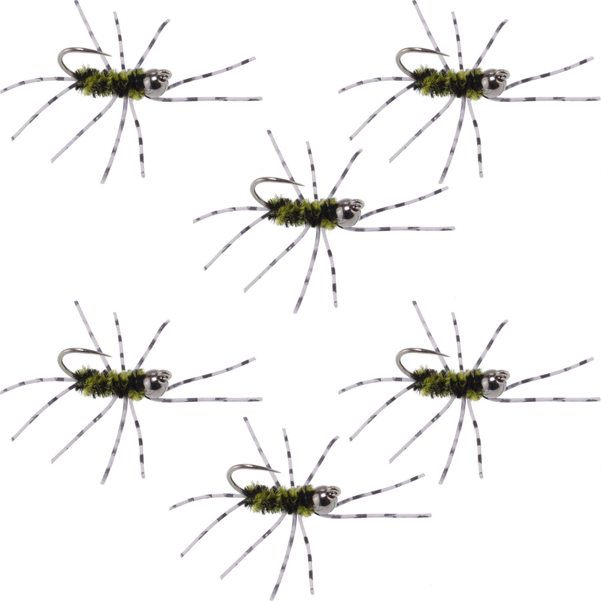 Premium Barbless Pat's Barred Rubber Legs Tungsten Bead Jigged Nymphs - Black/Olive - Set of 6 Size 6 Flies - Korvel