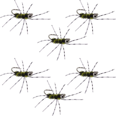 Premium Barbless Pat's Barred Rubber Legs Tungsten Bead Jigged Nymphs - Black/Olive - Set of 6 Size 6 Flies - Korvel