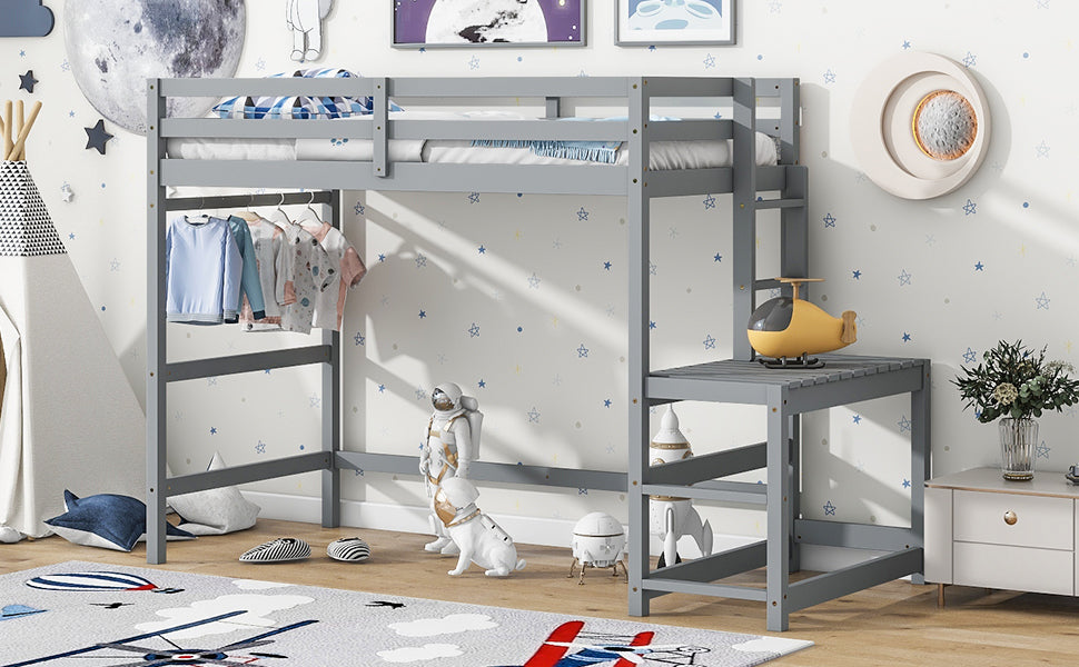 Twin High Loft Bed with Ladder landing Platform, Ladders, Guardrails,Grey - Korvel