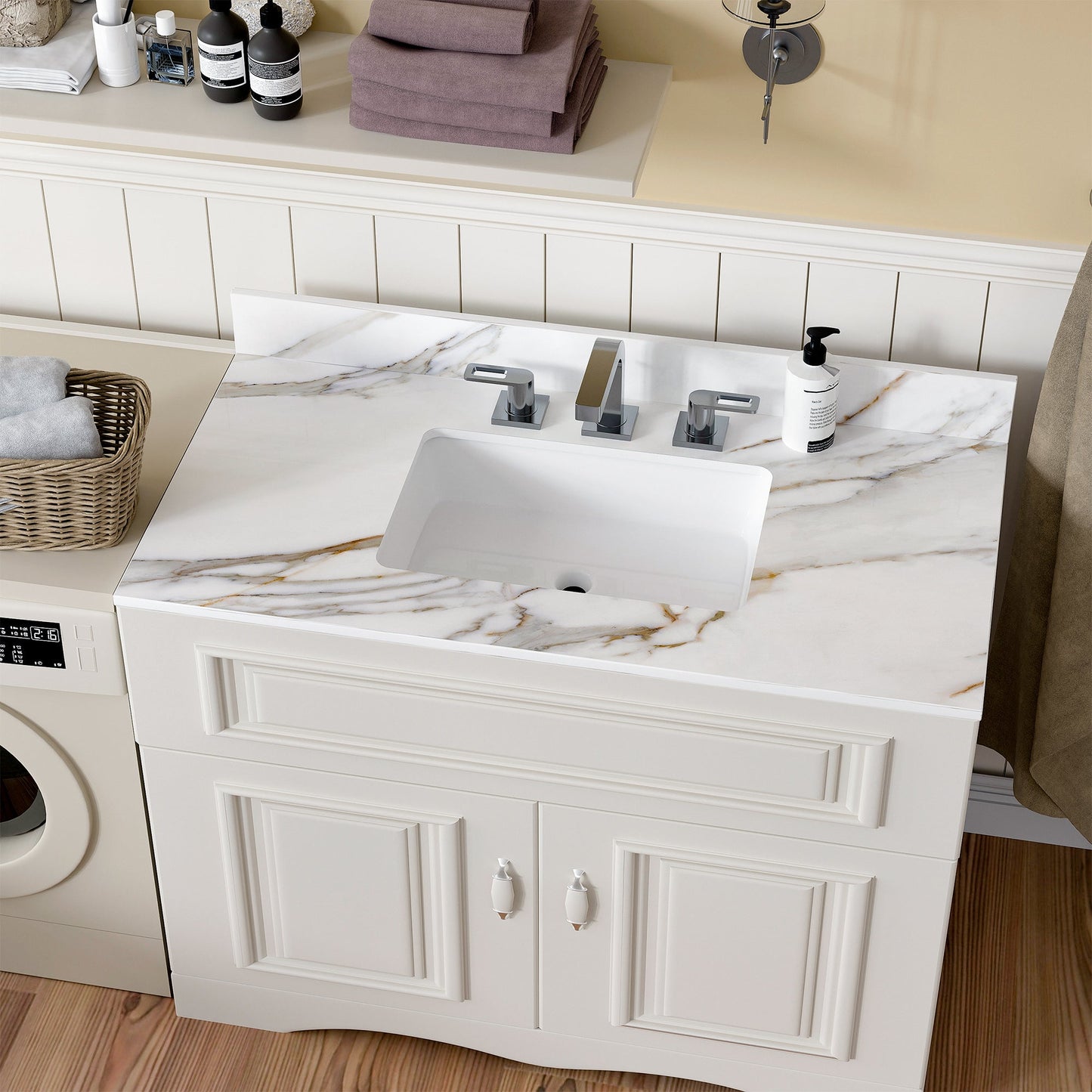 43 inch marble countertop with base rectangular central sink and 4-inch high splash guard, pre drilled 8-inch faucet hole ，white - Korvel