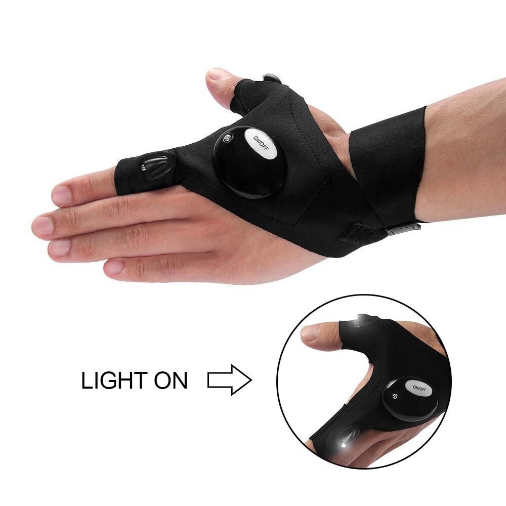 1 Pair Right and Left Multifunctional Gloves Outdoor Hiking Fingerless Gloves with LED Light Waterproof Flashlight Gloves - Korvel