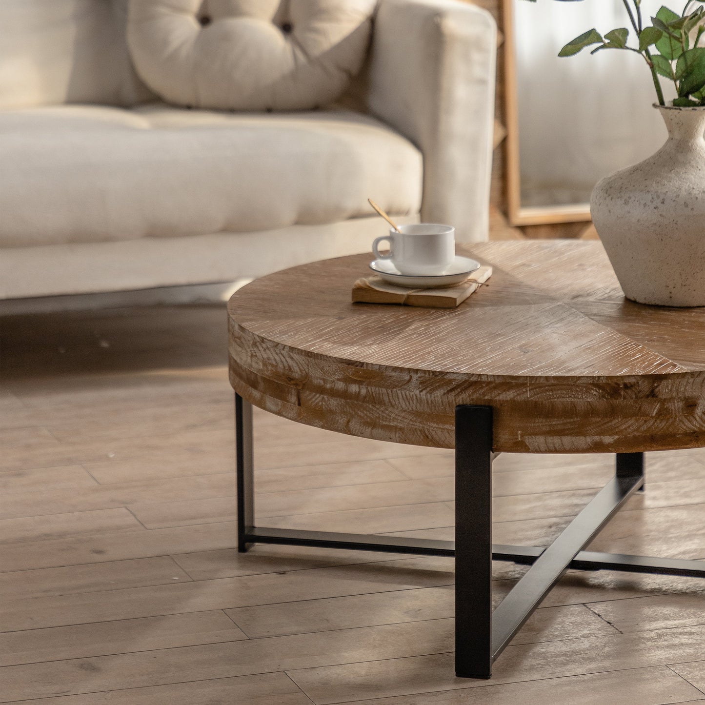 31.29"Modern Retro Splicing Round Coffee Table  Fir Wood Table Top with Cross Legs Metal Base(Same SKU:W757123560) - Korvel