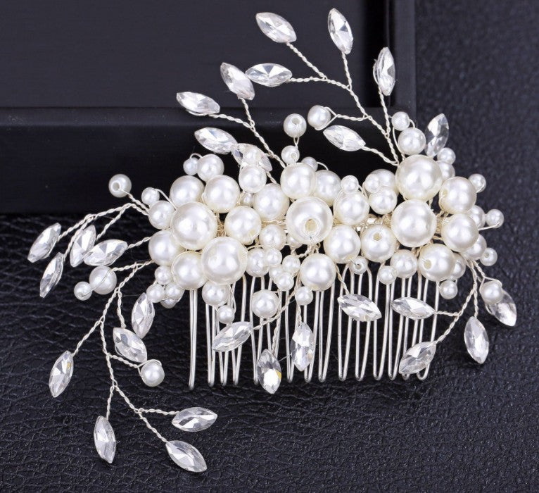 Handmade pearl flower inlaid with diamonds full of diamond comb comb - Korvel