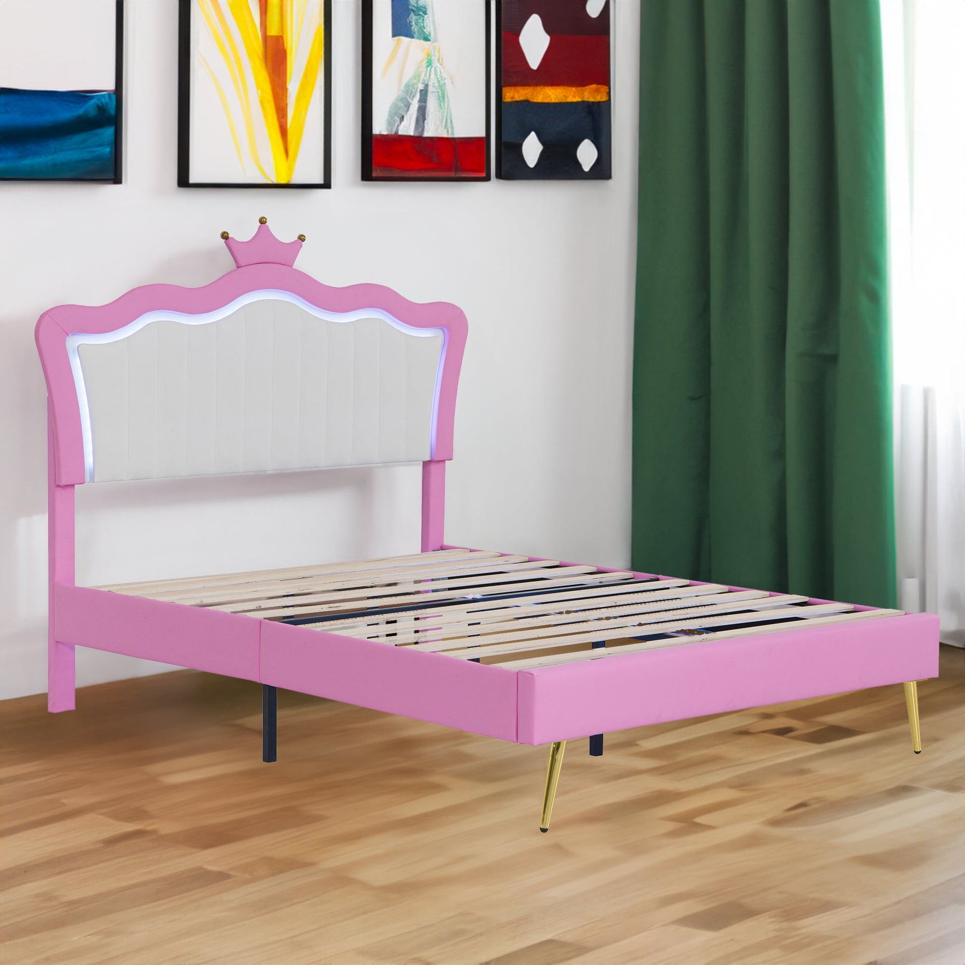 Full Size Upholstered Bed Frame with LED Lights, Modern Upholstered Princess Bed with Crown Headboard, Pink+White - Korvel