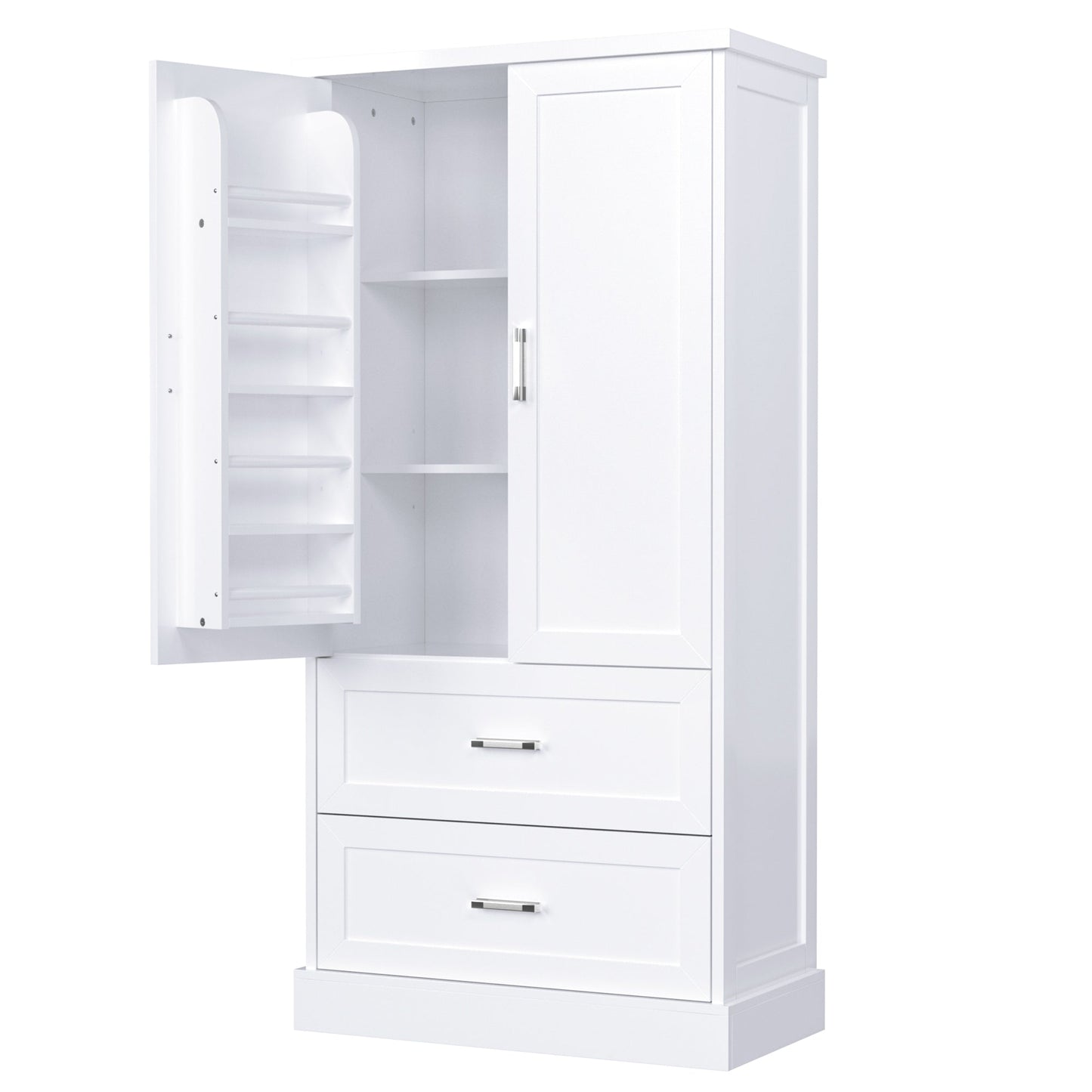 Tall Bathroom Storage Cabinet, Cabinet with Two Doors and Drawers, Adjustable Shelf, MDF Board, White - Korvel