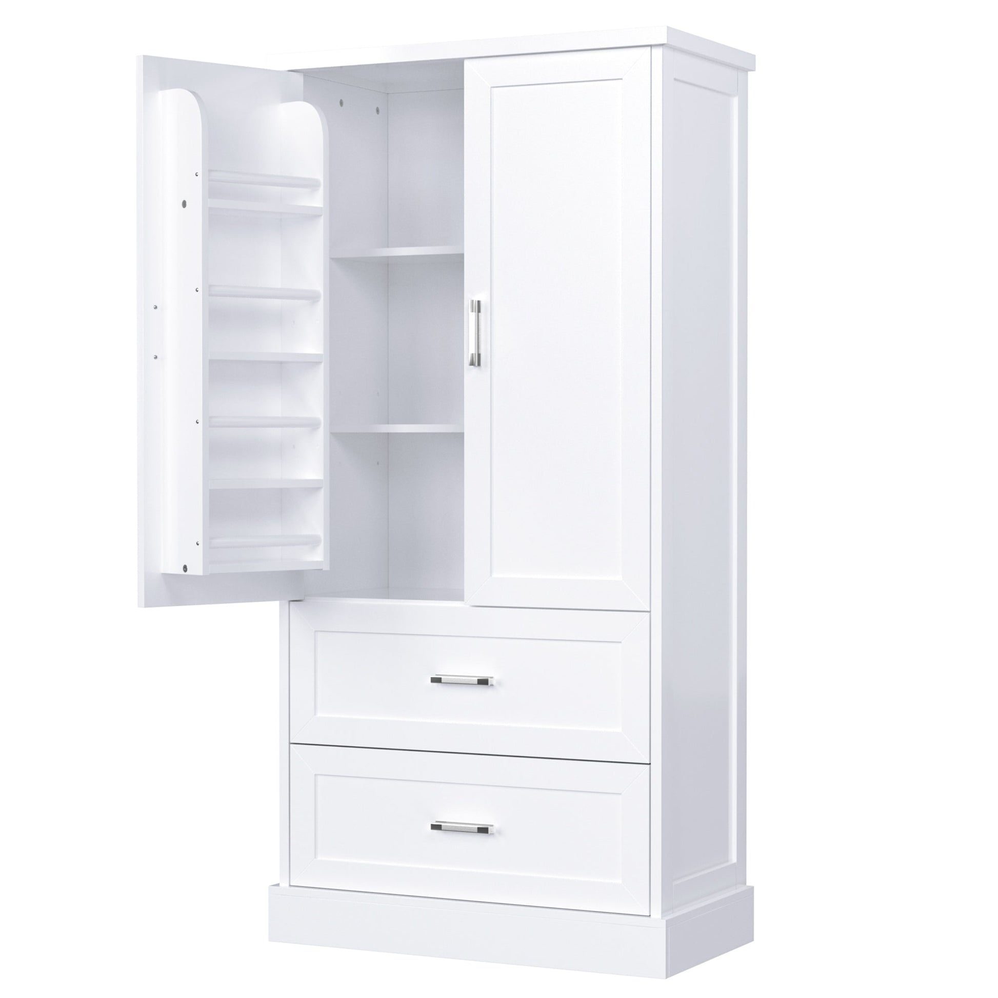 Tall Bathroom Storage Cabinet, Cabinet with Two Doors and Drawers, Adjustable Shelf, MDF Board, White - Korvel