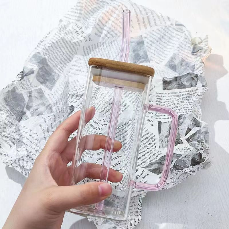 Square colored handle cup glass straw cup with lid milk tea cup with large capacity - Korvel