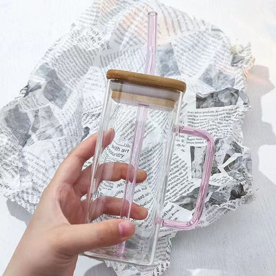 Square colored handle cup glass straw cup with lid milk tea cup with large capacity - Korvel