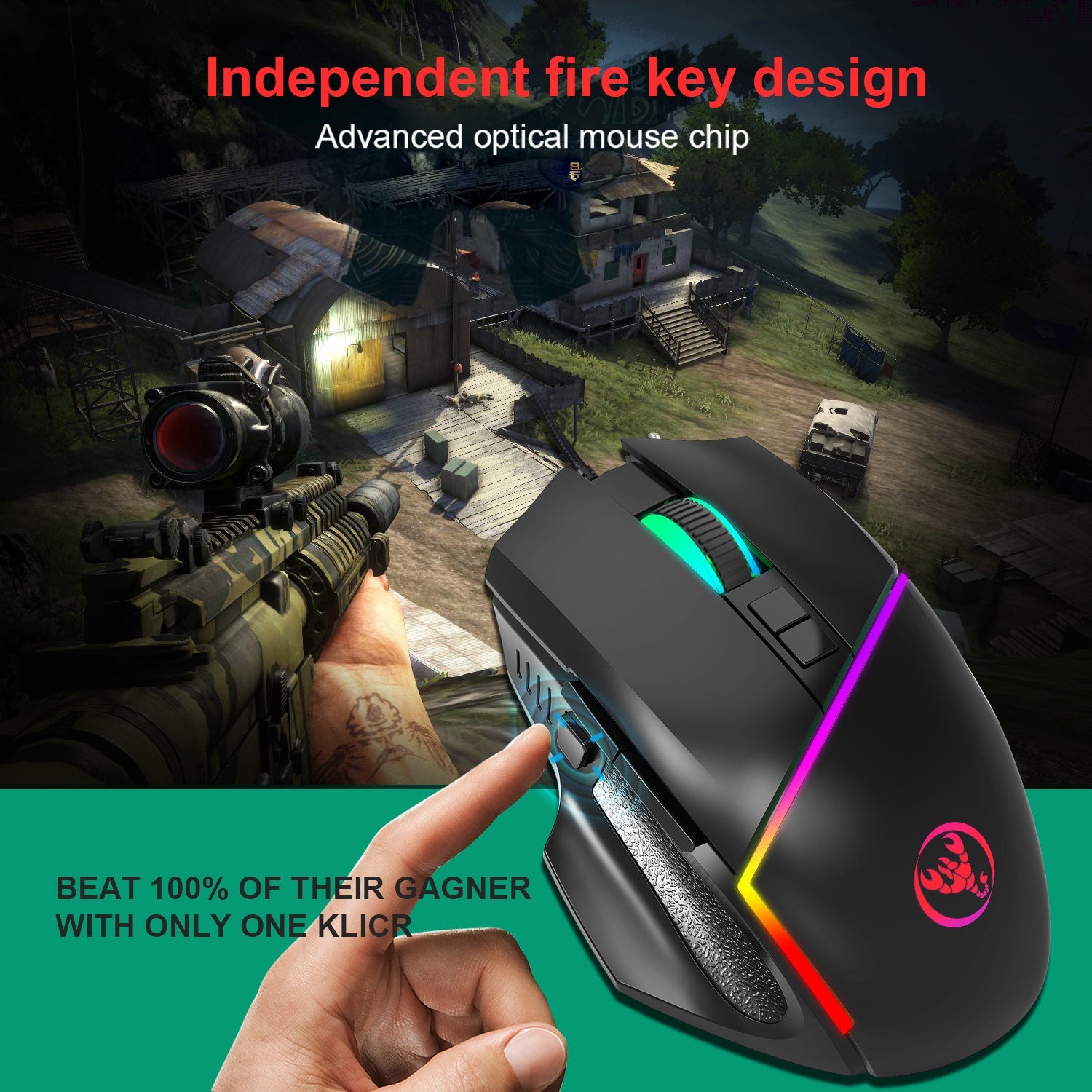 A876 wired mouse with colorful synchronized lighting, 6400dpi adjustable lighting, can turn off gaming mouse - Korvel