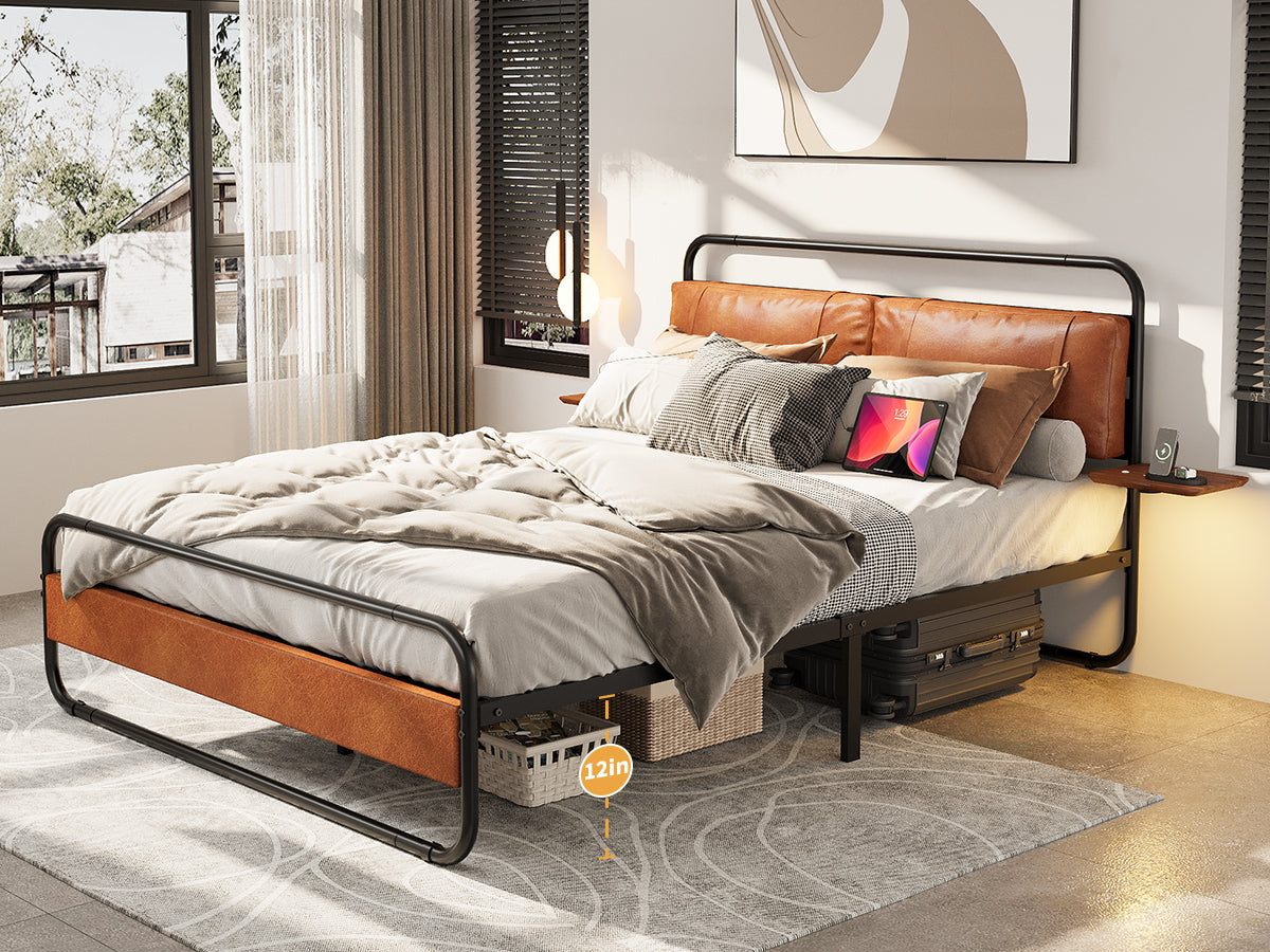 King Size Metal Bed Frame with Upholstered Headboard