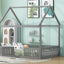 Full Size Wood House Bed with Fence and Door, Gray - Korvel