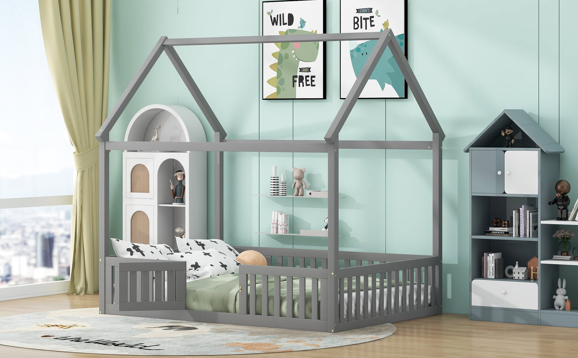 Full Size Wood House Bed with Fence and Door, Gray - Korvel