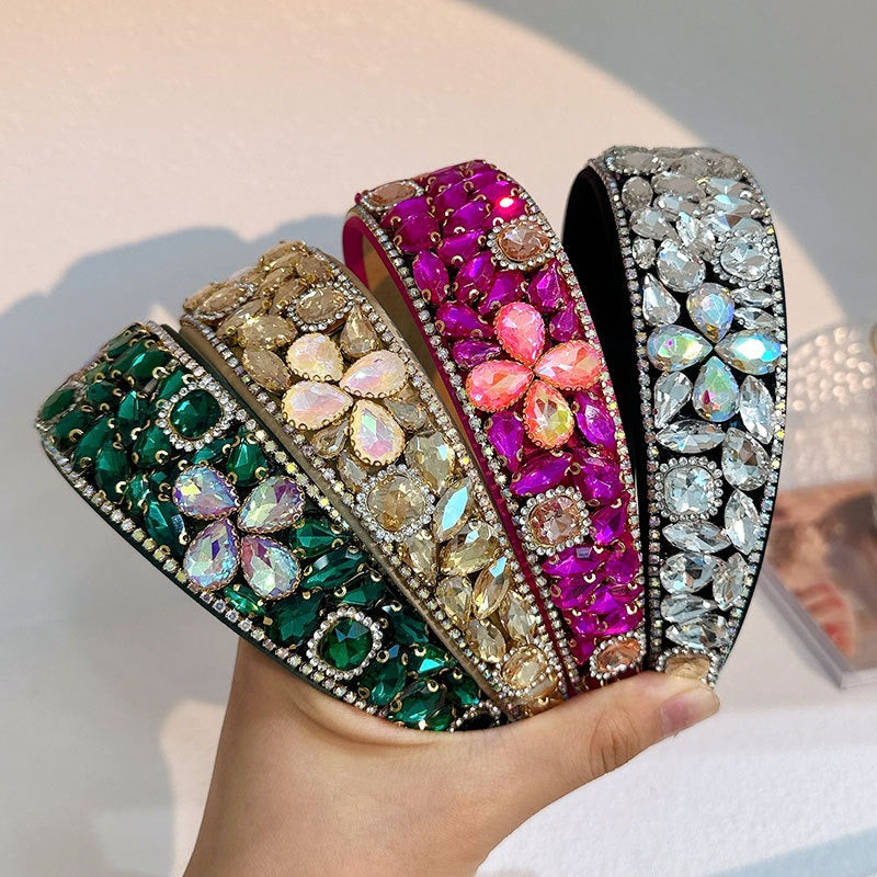 Fashionable diamond inlaid four leaf clover Baroque retro full inlaid rhinestone sponge headband - Korvel