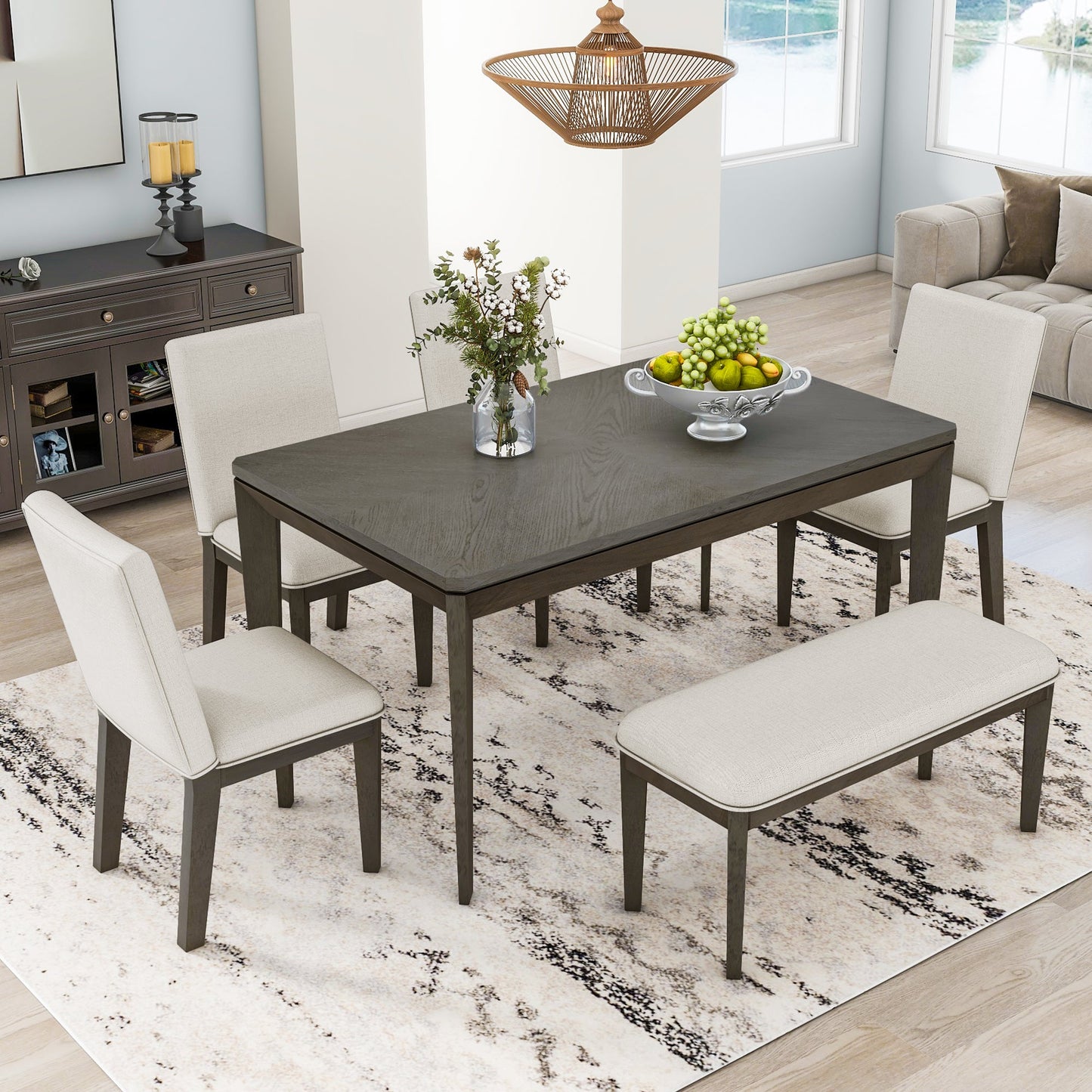 TOPMAX 6-Piece Dining Table Set with Upholstered Dining Chairs and Bench Farmhouse Style Tapered Legs Dark Gray+Beige - Korvel