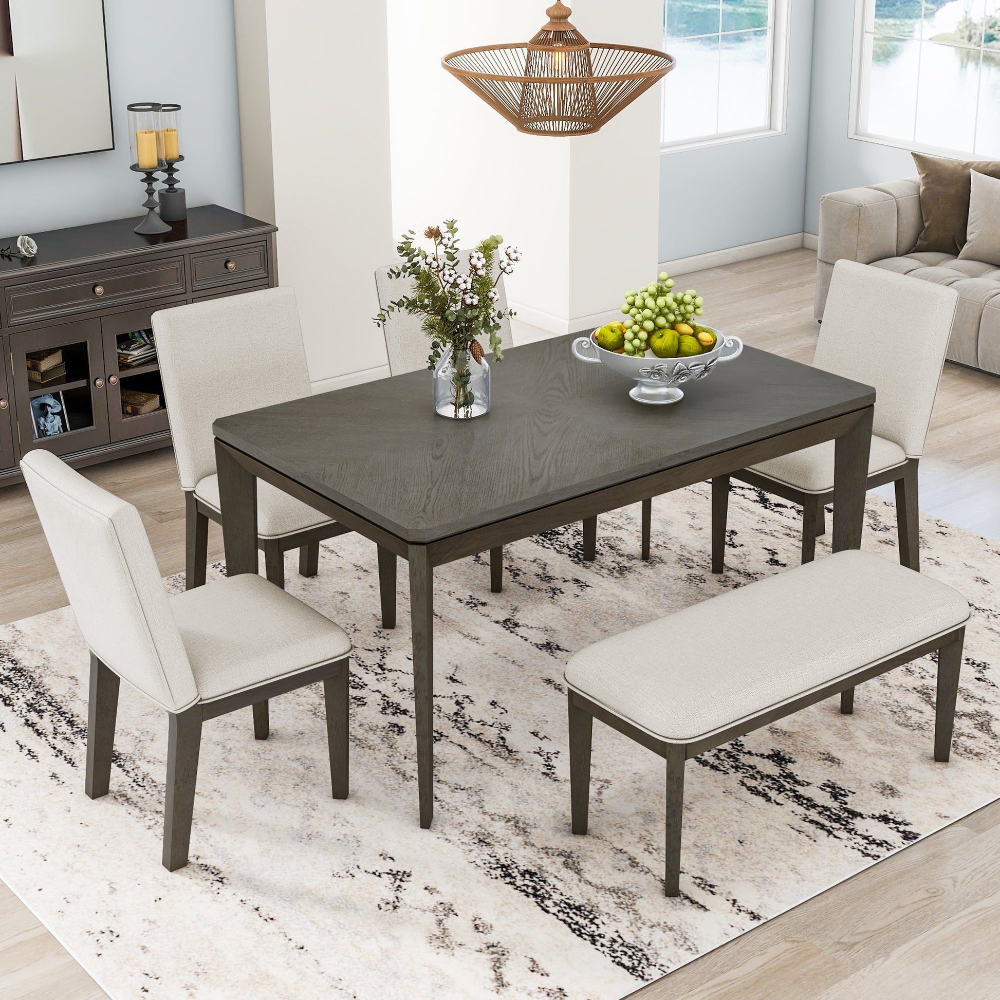 TOPMAX 6-Piece Dining Table Set with Upholstered Dining Chairs and Bench Farmhouse Style Tapered Legs Dark Gray+Beige - Korvel