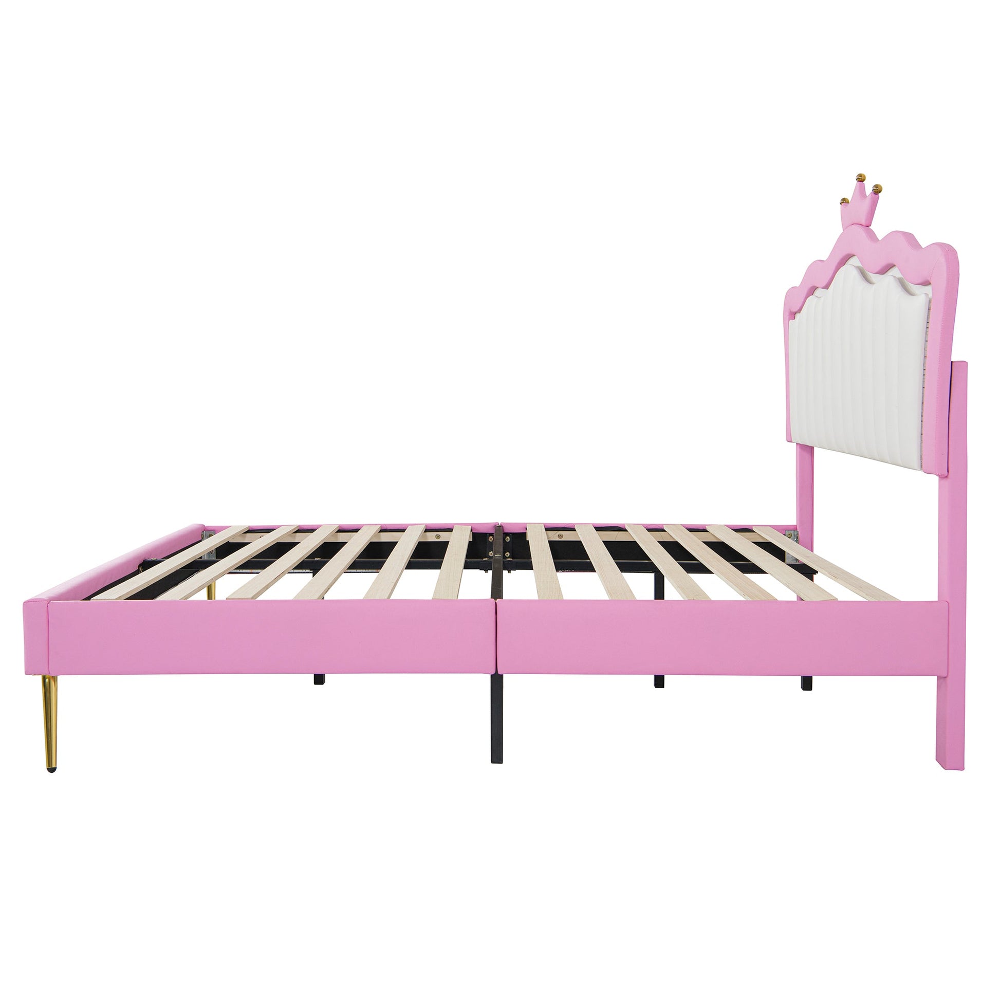Full Size Upholstered Bed Frame with LED Lights, Modern Upholstered Princess Bed with Crown Headboard, Pink+White - Korvel