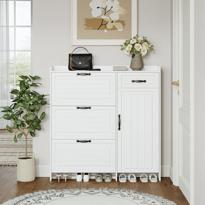 Elegant White Shoe Cabinet with 4 Doors and Drawer