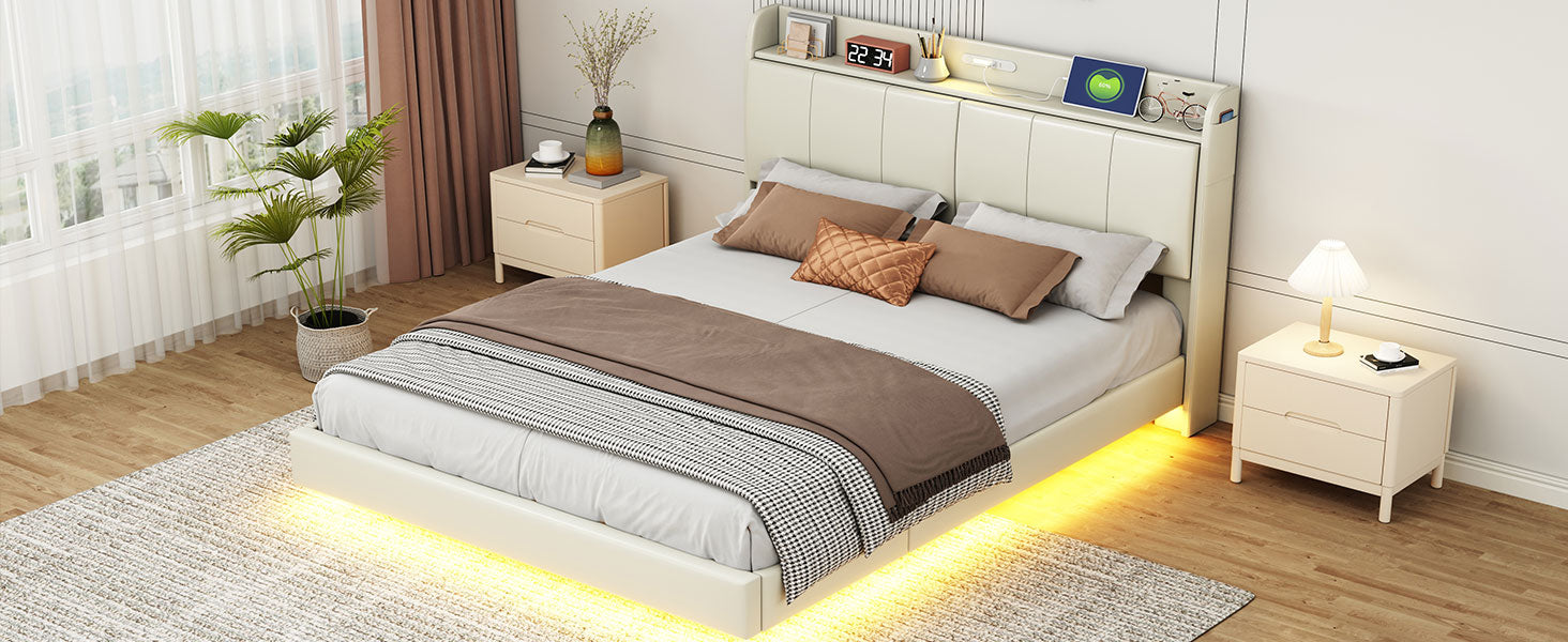 Large floating bed frame with storage headboard, touch sensor, night light and USB charger, padded platform bed, beige color - Korvel