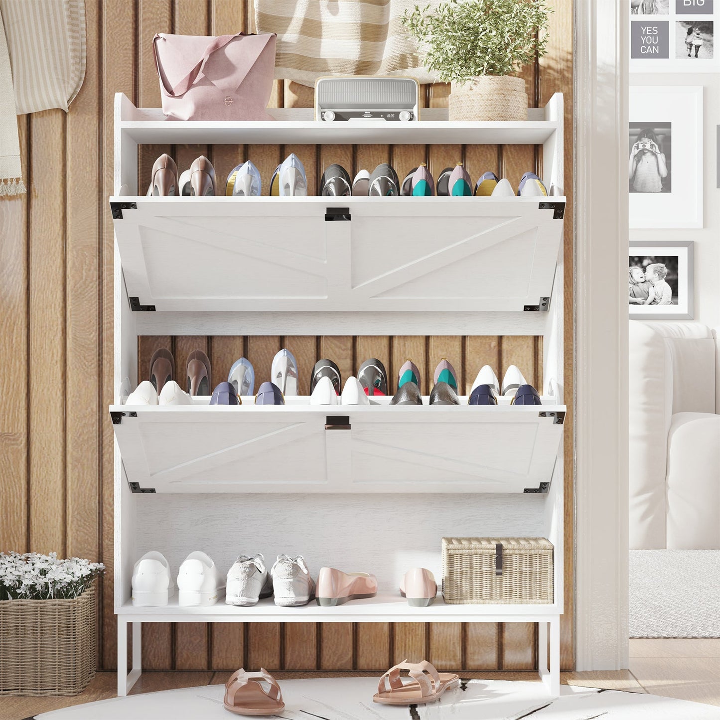 Elegant White Shoe Cabinet with 2 Flip Drawers