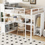 Metal loft bed with wardrobe and L-shaped desk, full-size loft bed with storage cabinet and shelf, white - Korvel