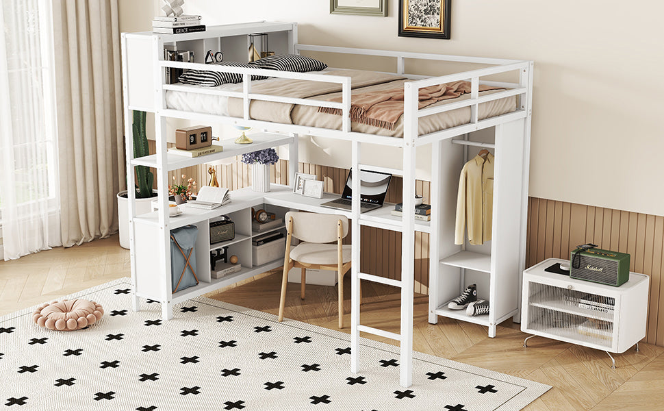 Metal loft bed with wardrobe and L-shaped desk, full-size loft bed with storage cabinet and shelf, white - Korvel