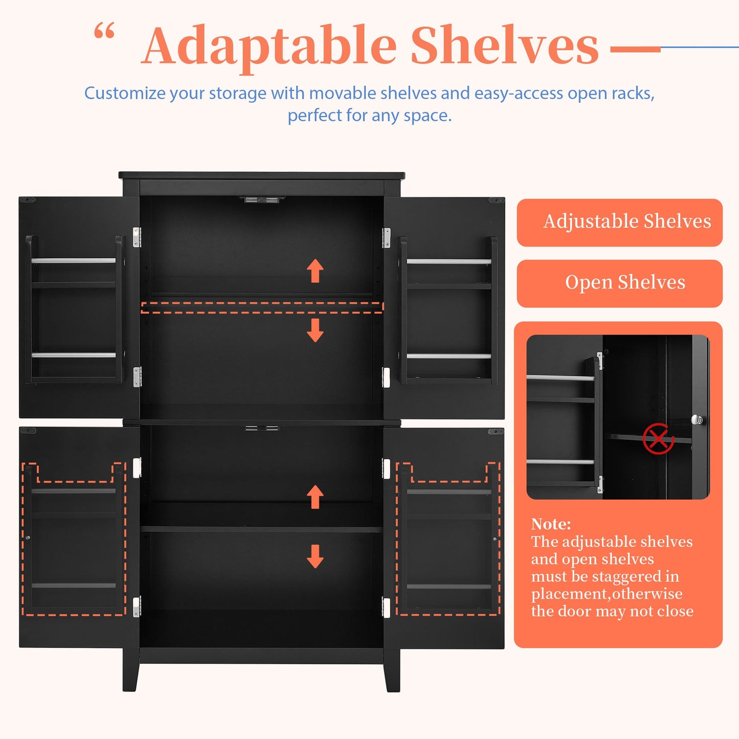 Elegant Black Bathroom Floor Storage Cabinet with Adjustable Shelves