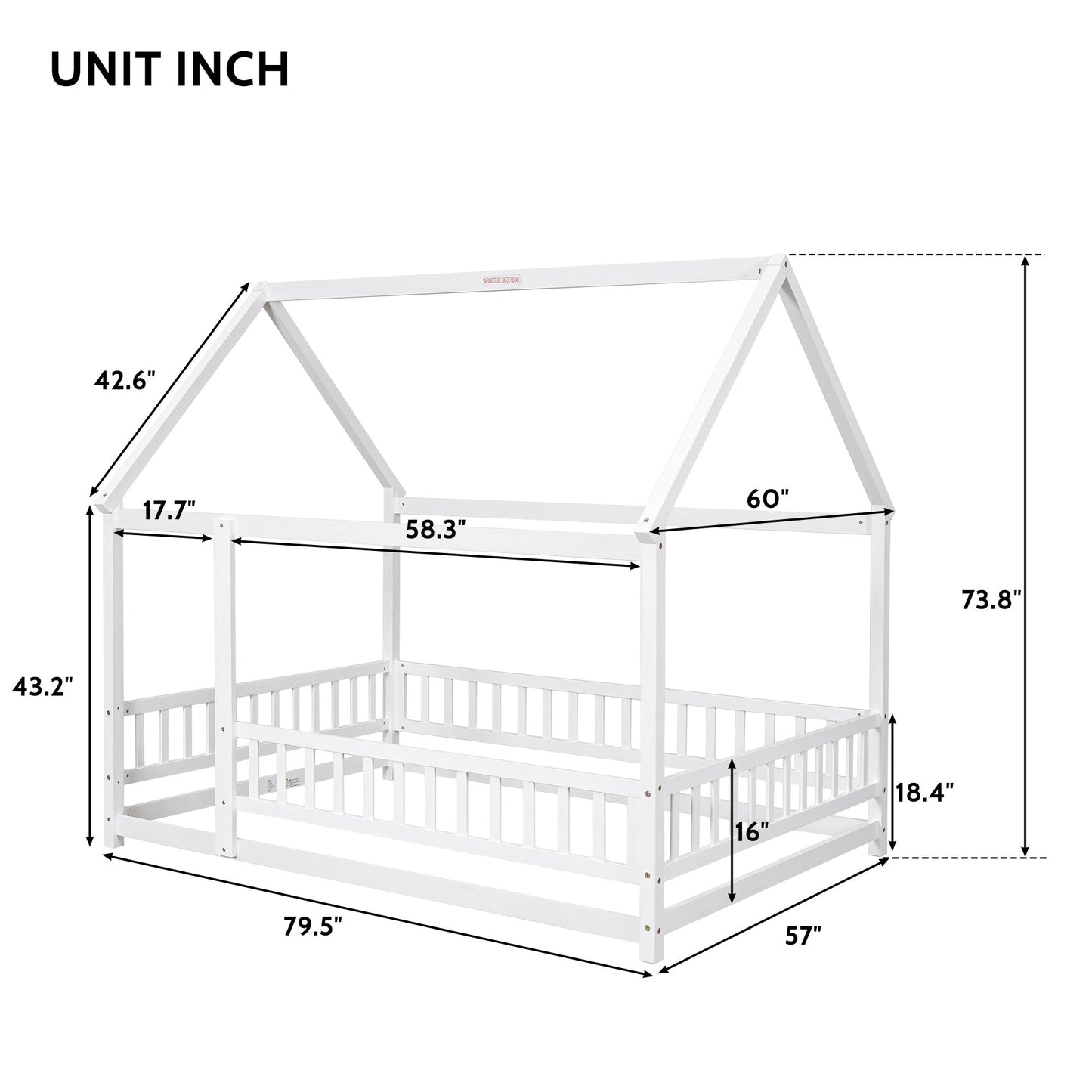 Full Size Floor Wooden Bed with House Roof Frame and Guardrails - White
