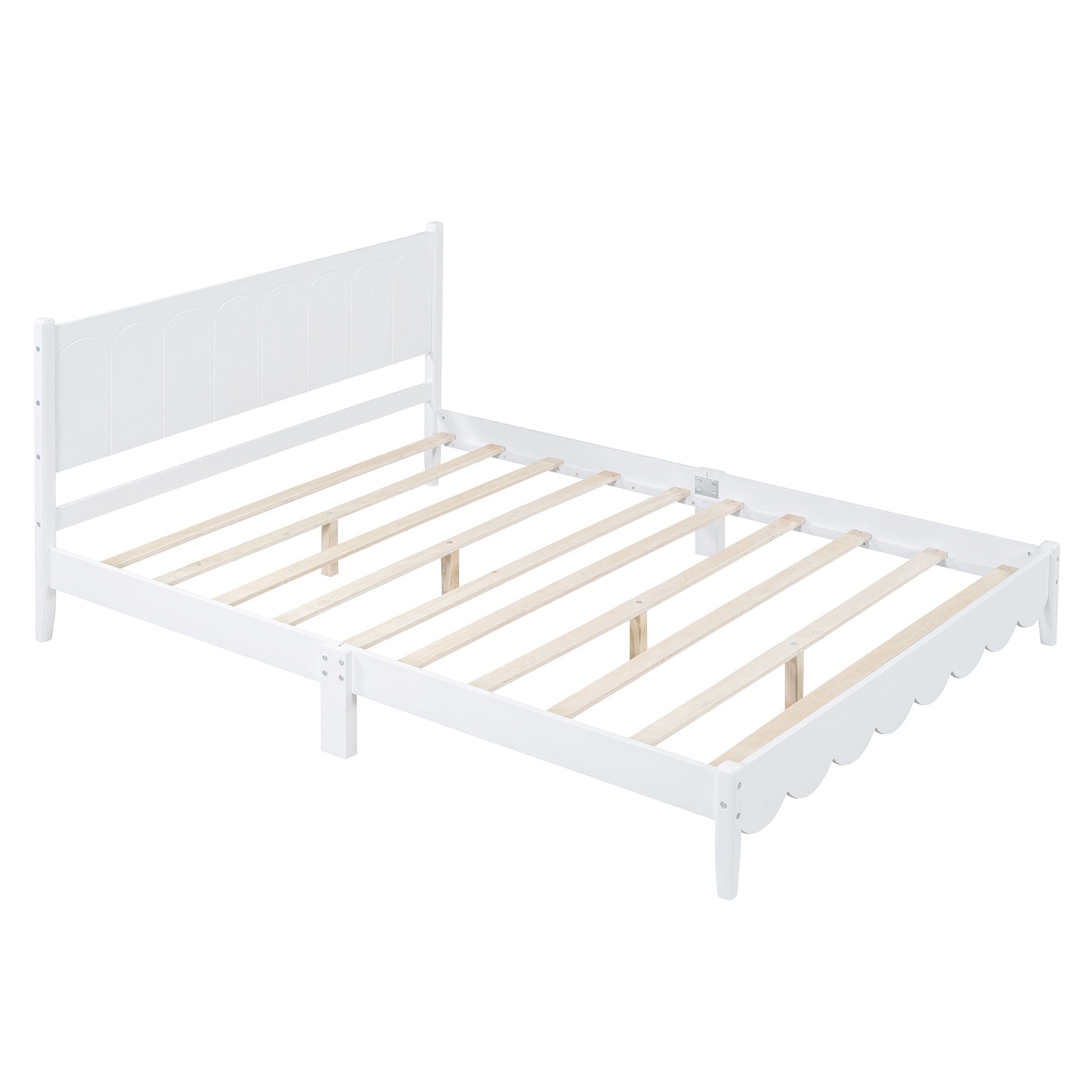 Queen Size Wood Platform Bed Frame, Retro Style Bed with Rectangular Headboard,No Need Box Spring,White - Korvel
