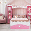 Lit jumeau en bois en forme de château avec étagère de rangement en rose et blanc