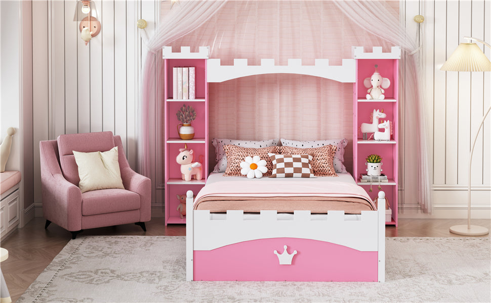 Lit jumeau en bois en forme de château avec étagère de rangement en rose et blanc