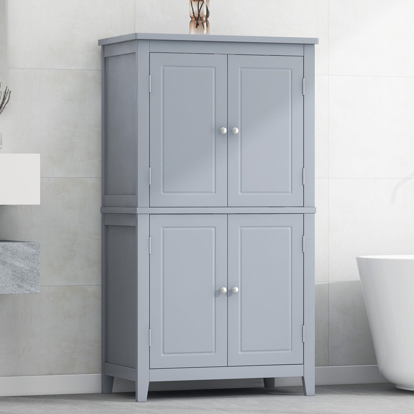 Bathroom floor storage cabinet, bathroom storage cabinet, 4-door independent cabinet, adjustable shelf, adaptive shelf, gray - Korvel
